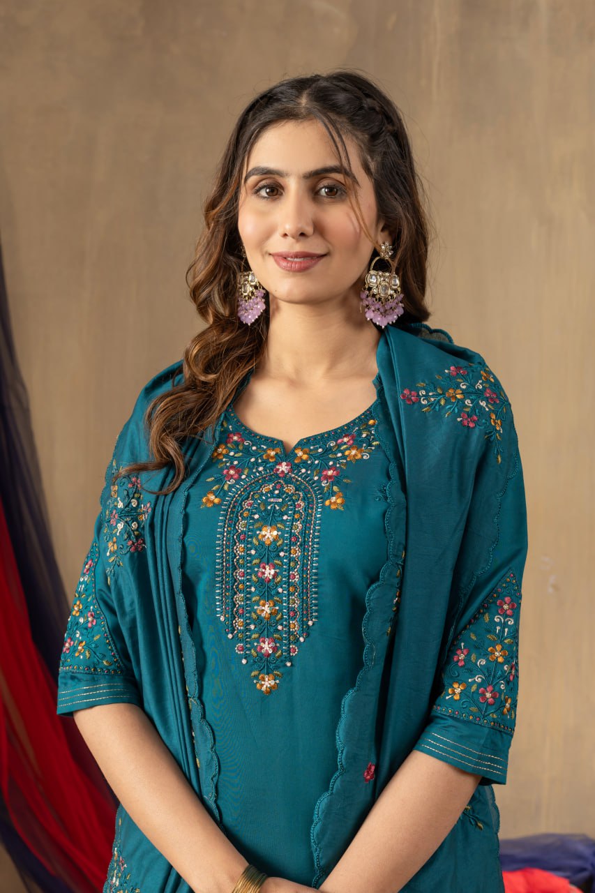 Rama Color Embroidery Thread Work Designer Salwar Suit