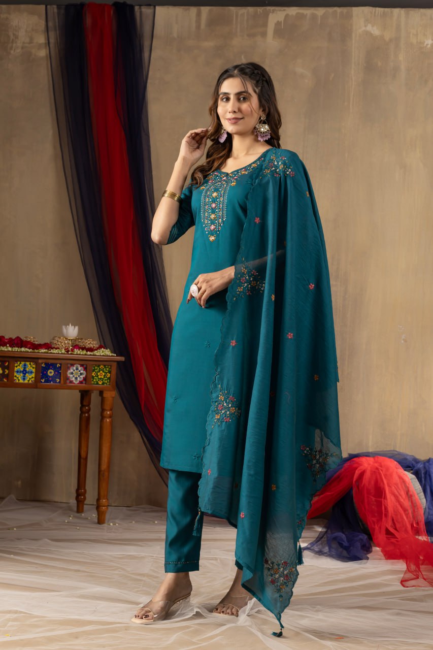 Rama Color Embroidery Thread Work Designer Salwar Suit