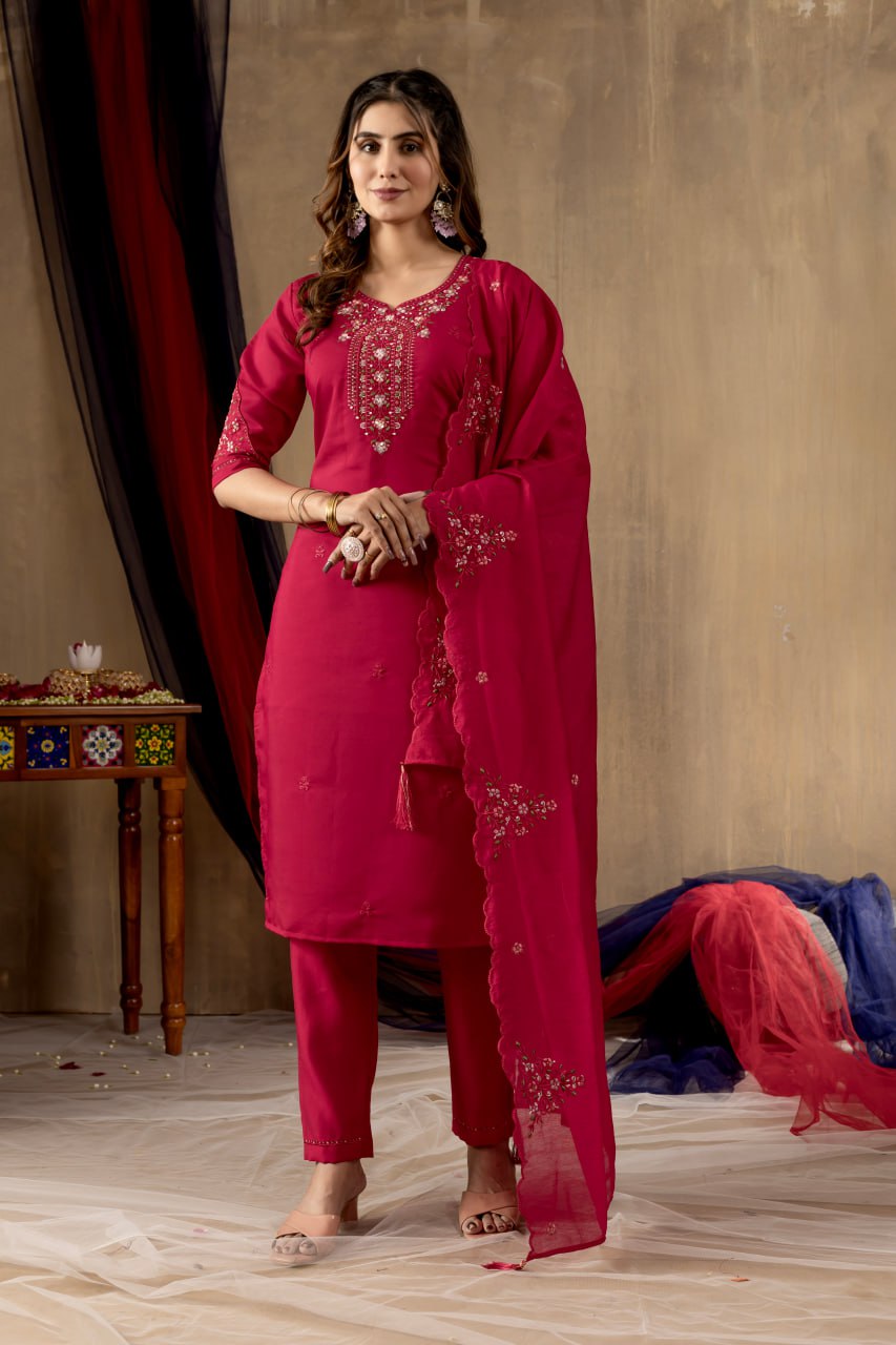 Rani Pink Color Embroidery Thread Work Designer Salwar Suit