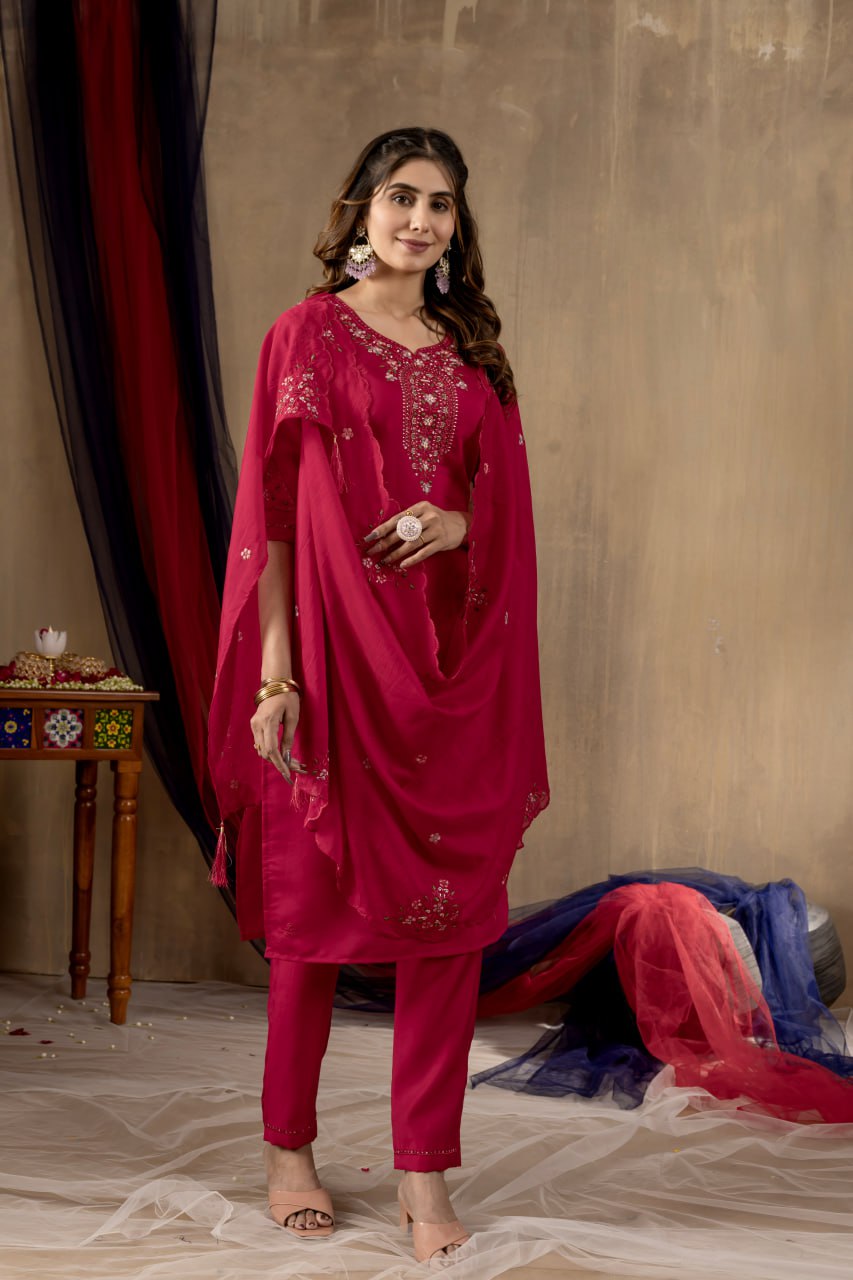 Rani Pink Color Embroidery Thread Work Designer Salwar Suit