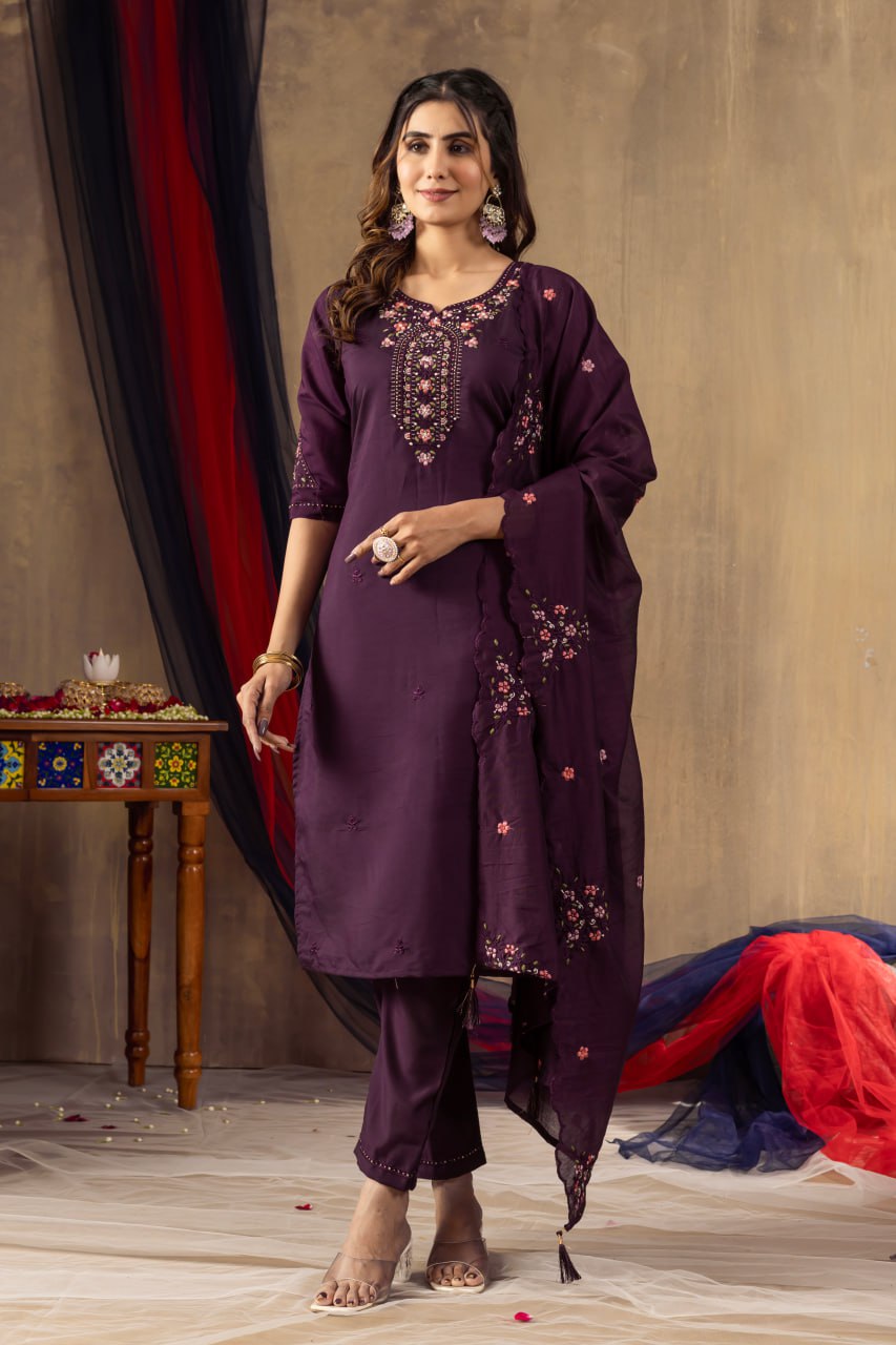 Wine Color Embroidery Thread Work Designer Salwar Suit