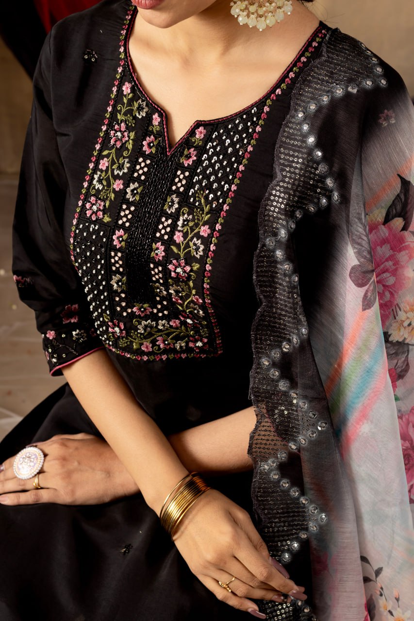 Black Color Embroidery Thread Work Designer Salwar Suit