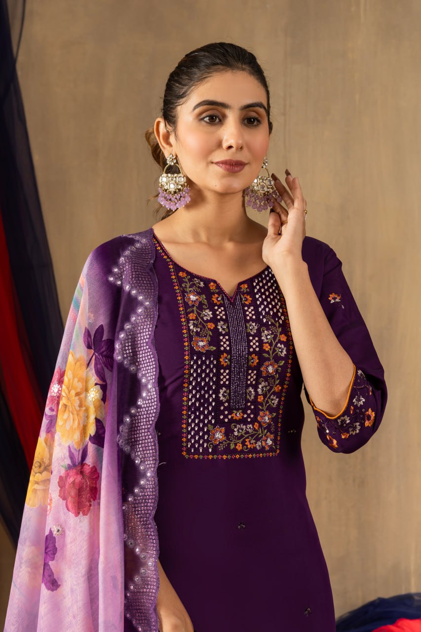 Wine Color Embroidery Thread Work Designer Salwar Suit