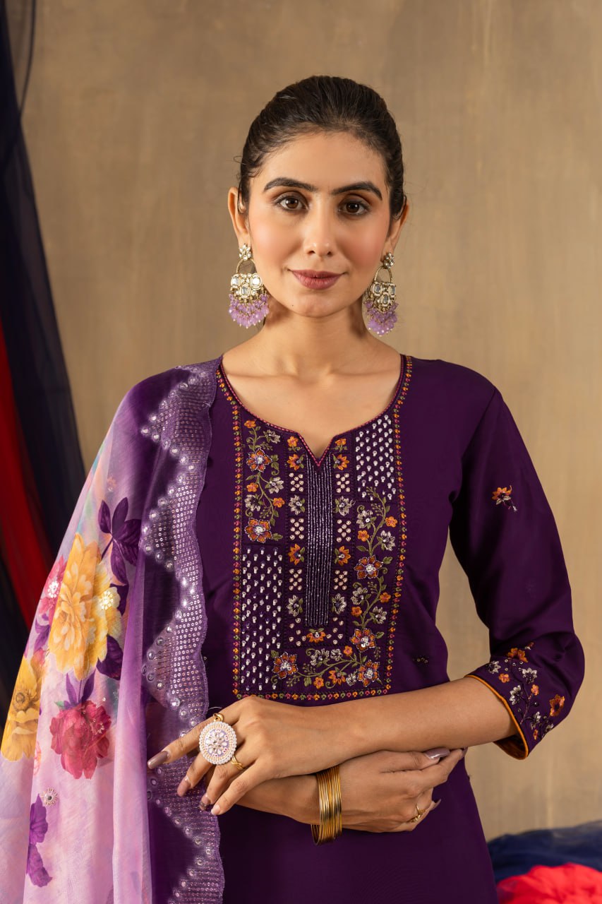 Wine Color Embroidery Thread Work Designer Salwar Suit