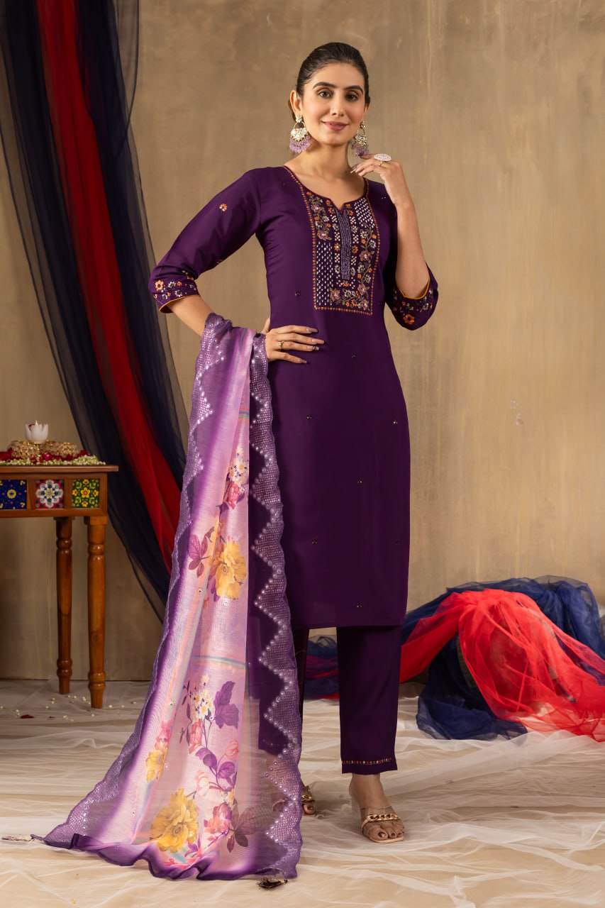 Wine Color Embroidery Thread Work Designer Salwar Suit