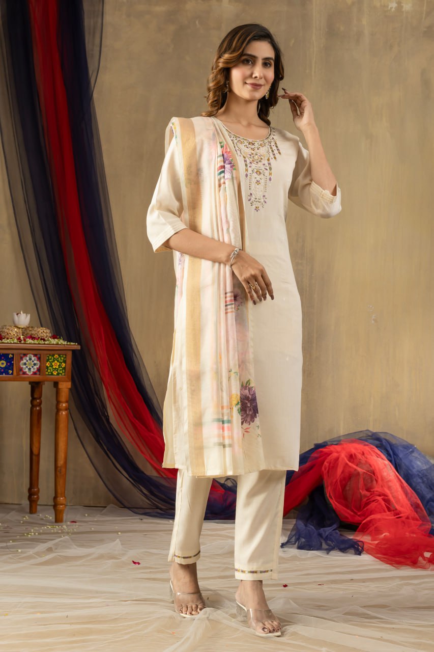 Off-white Color Embroidery Thread Work Designer Salwar Suit
