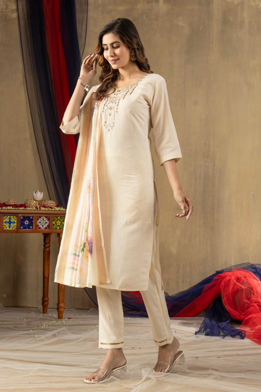 Off-white Color Embroidery Thread Work Designer Salwar Suit