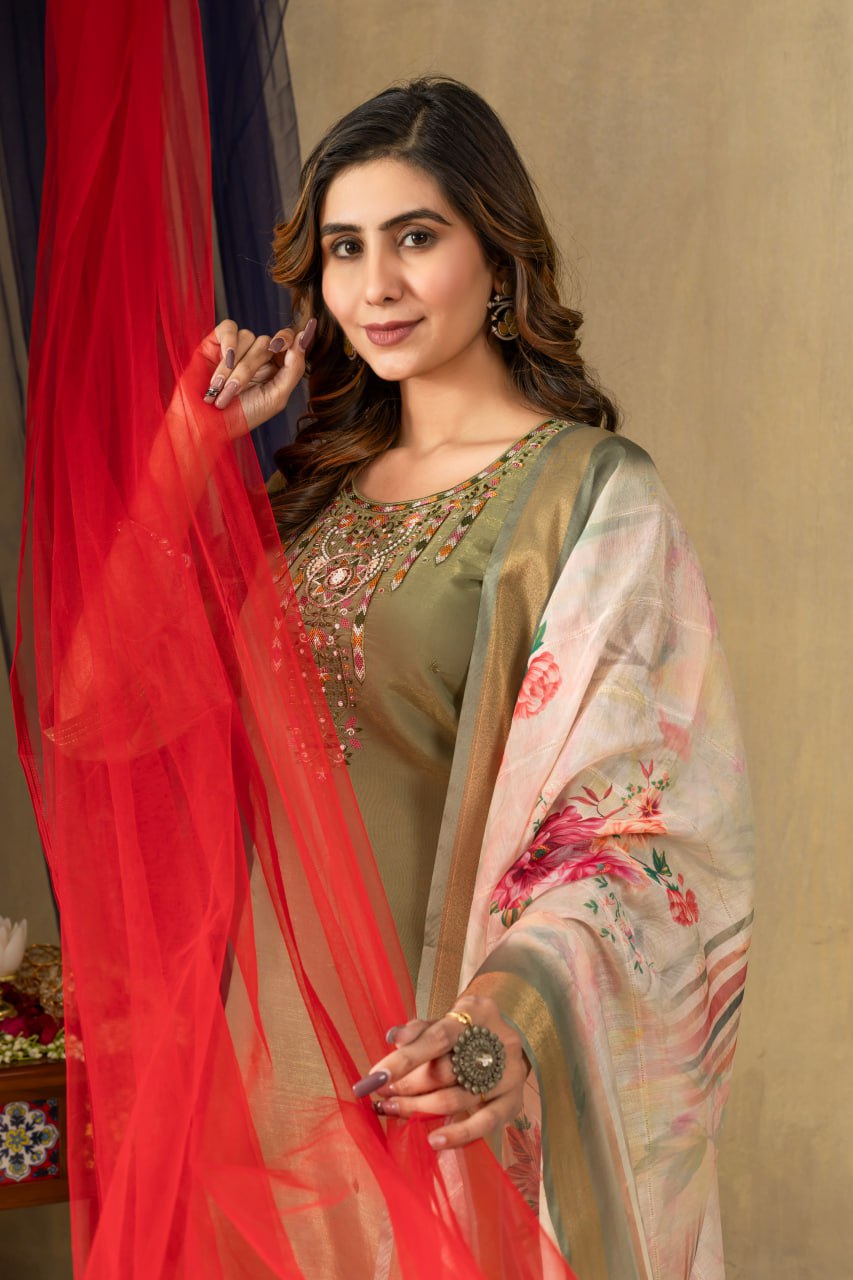 Mahendi Green Color Embroidery Thread Work Designer Salwar Suit