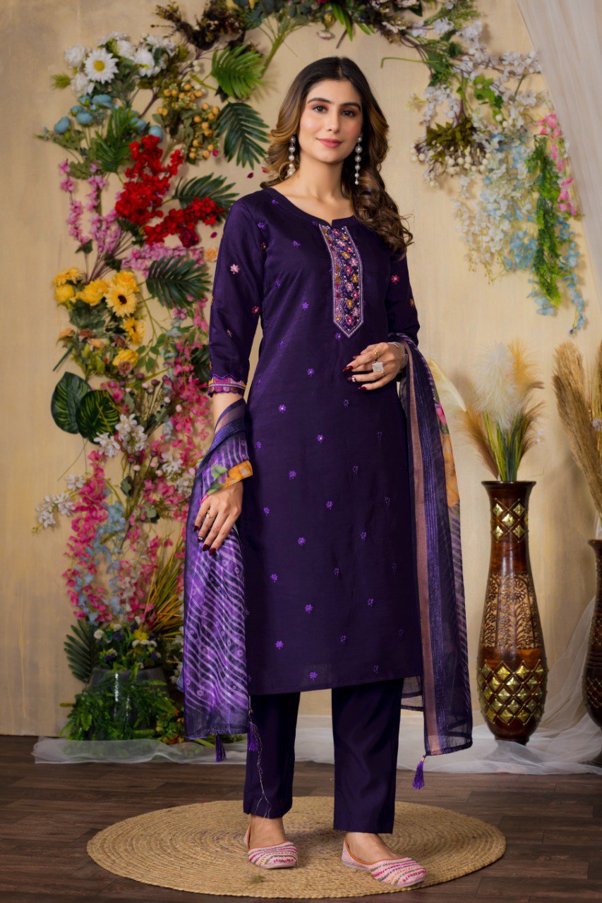 Purple Color Embroidery Thread Work Designer Salwar Suit