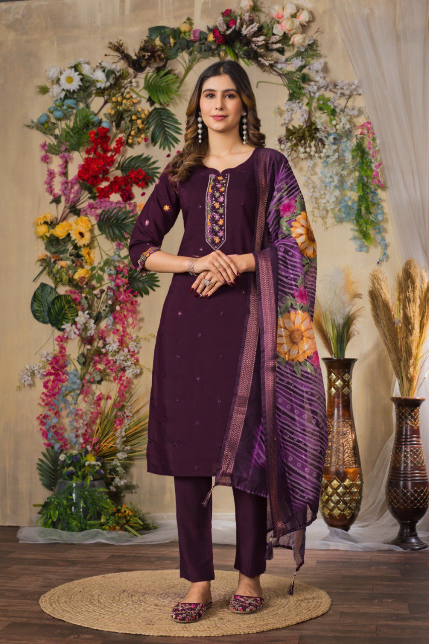 Wine Color Embroidery Thread Work Designer Salwar Suit