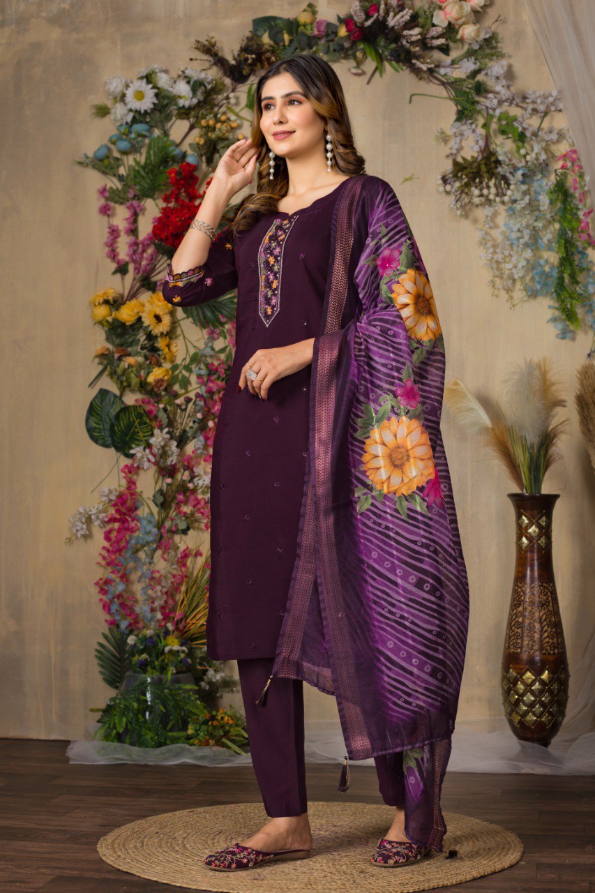 Wine Color Embroidery Thread Work Designer Salwar Suit