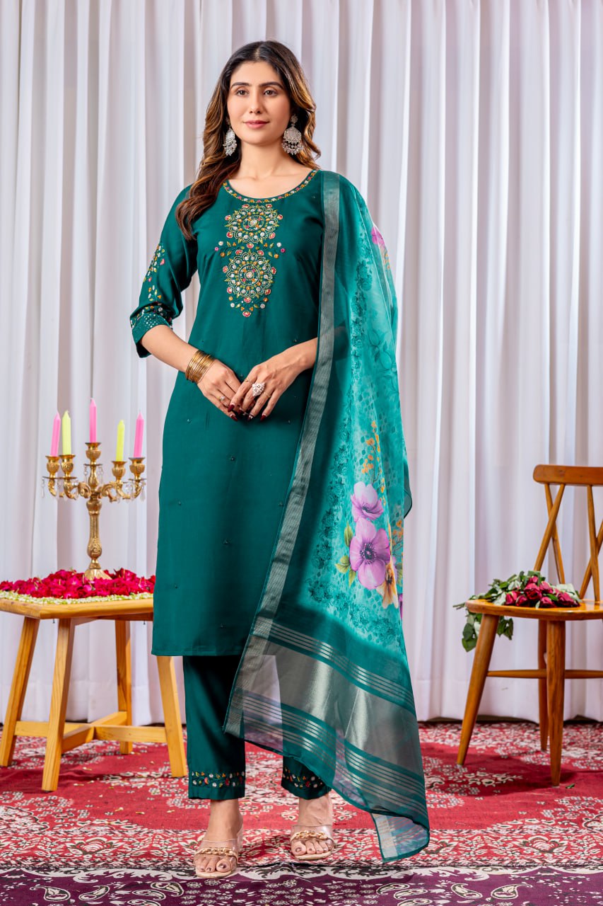 Rama Green Color Embroidery Thread Work Designer Salwar Suit