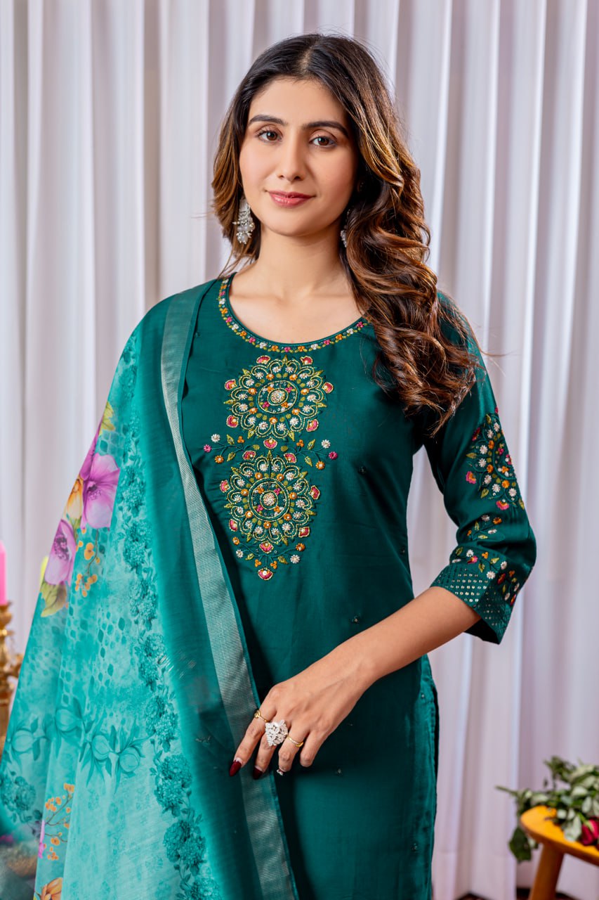 Rama Green Color Embroidery Thread Work Designer Salwar Suit