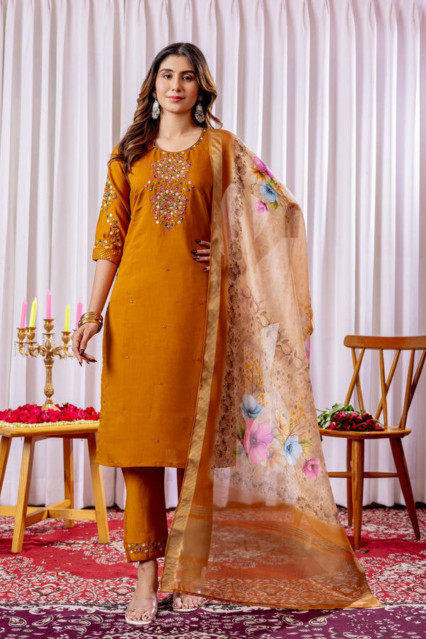 Mustard Color Embroidery Thread Work Designer Salwar Suit