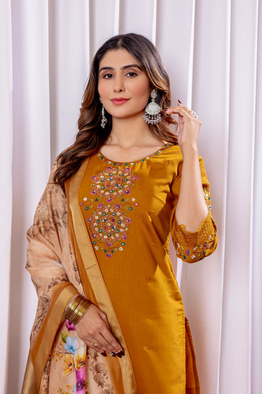 Mustard Color Embroidery Thread Work Designer Salwar Suit