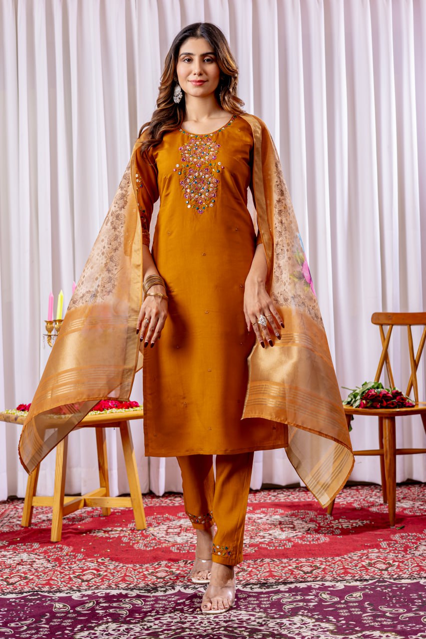 Mustard Color Embroidery Thread Work Designer Salwar Suit