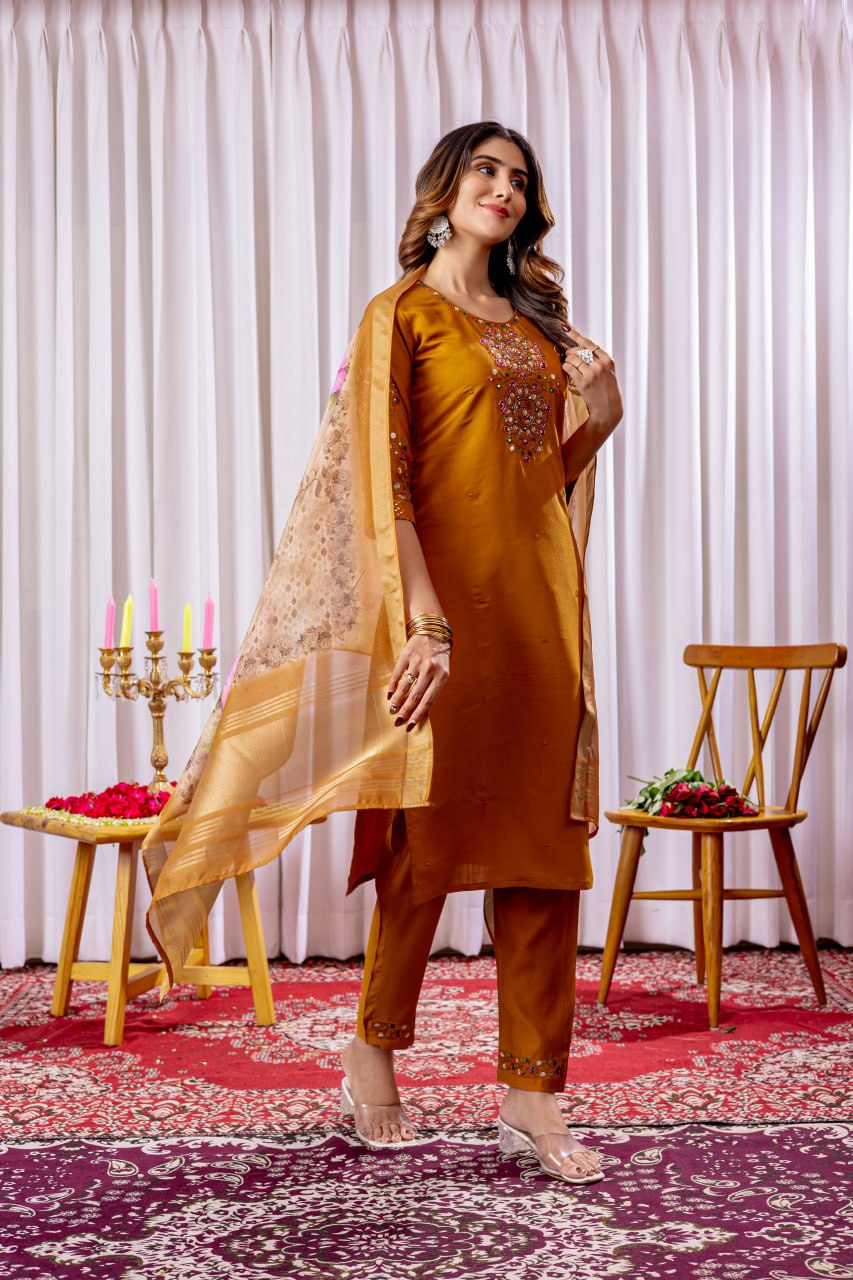 Mustard Color Embroidery Thread Work Designer Salwar Suit