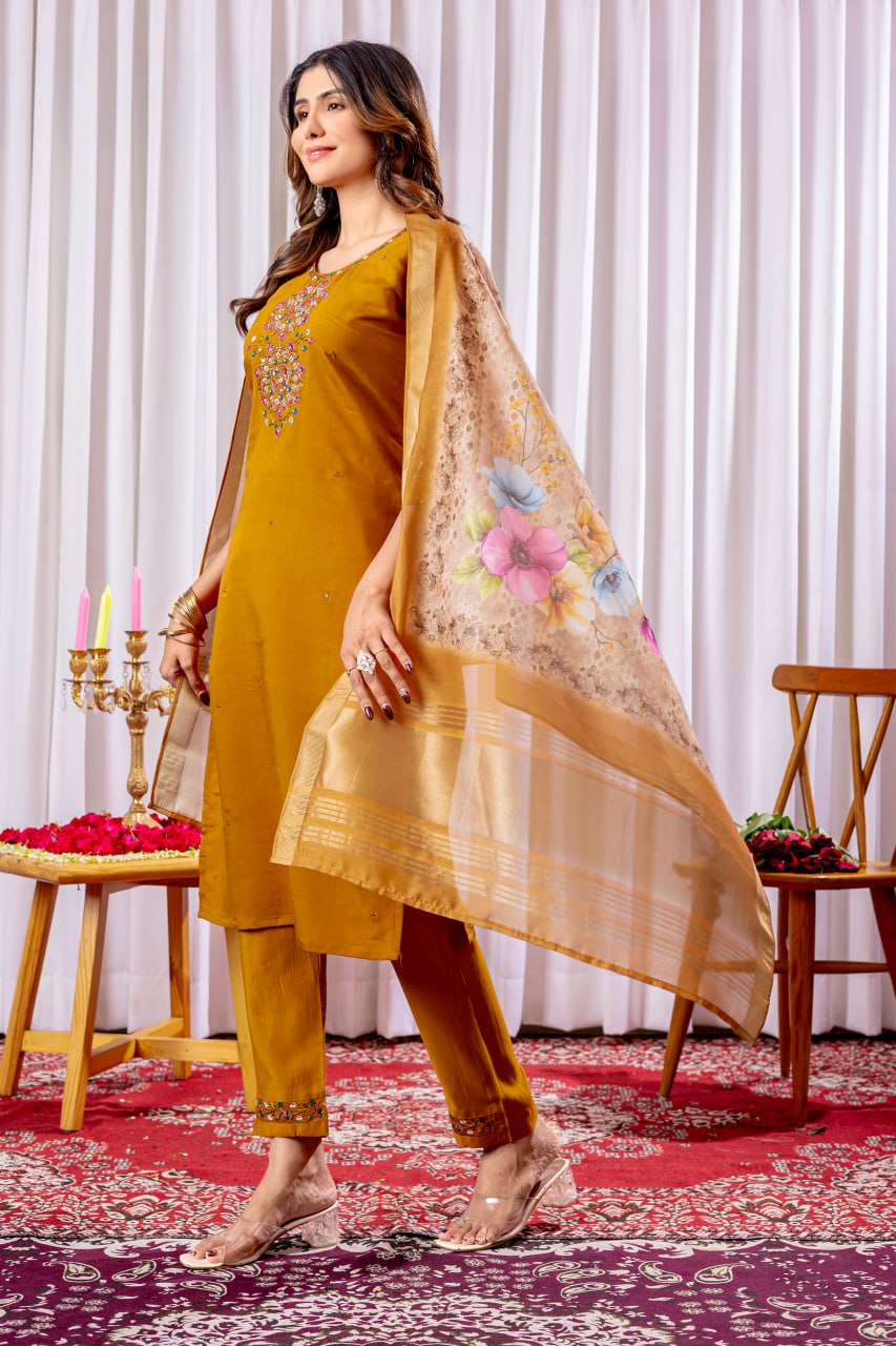Mustard Color Embroidery Thread Work Designer Salwar Suit