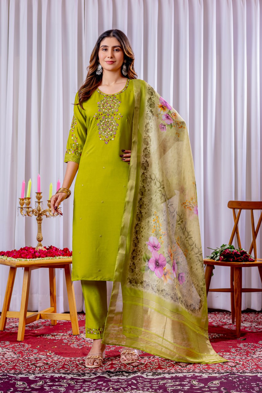 Parrot Color Embroidery Thread Work Designer Salwar Suit