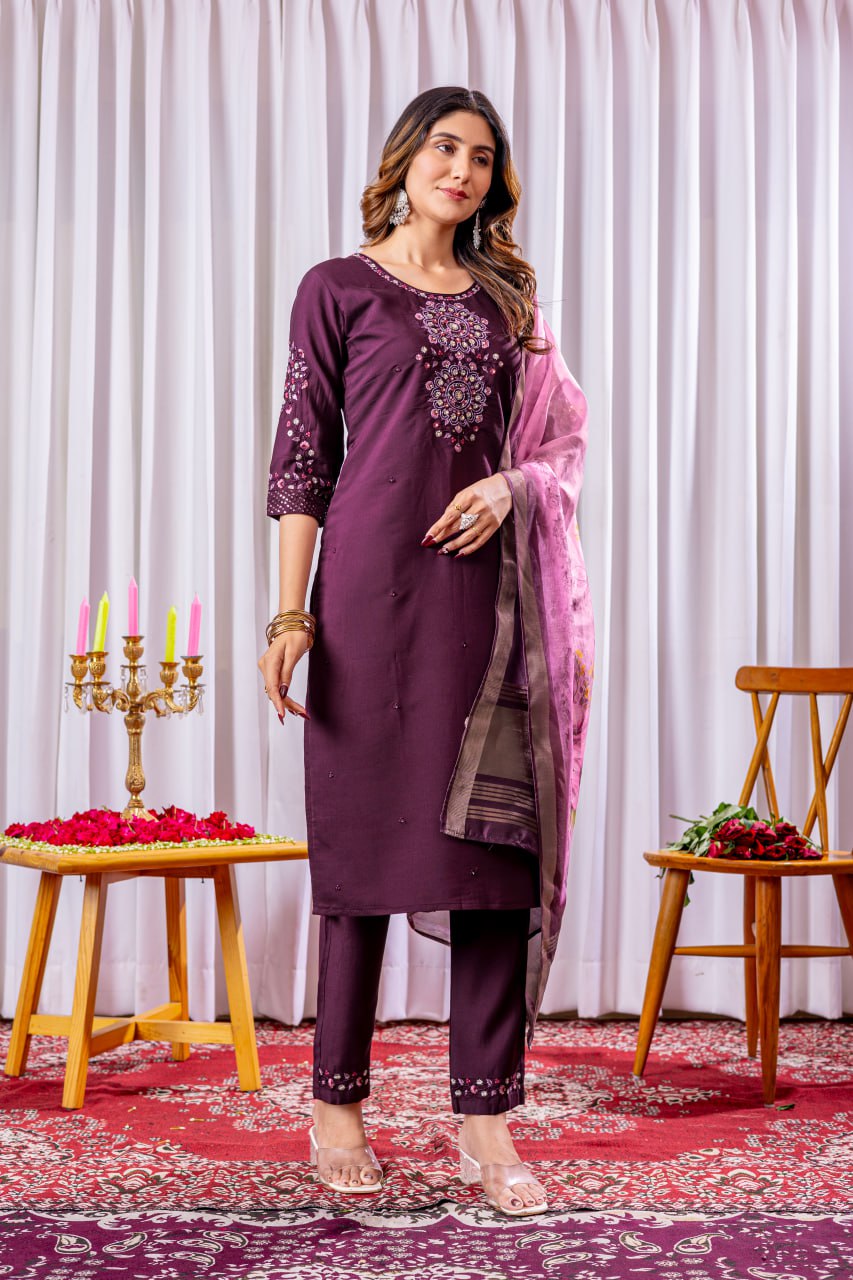 Wine Color Embroidery Thread Work Designer Salwar Suit