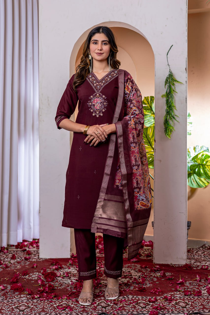 Wine Color Embroidery Thread Work Designer Salwar Suit