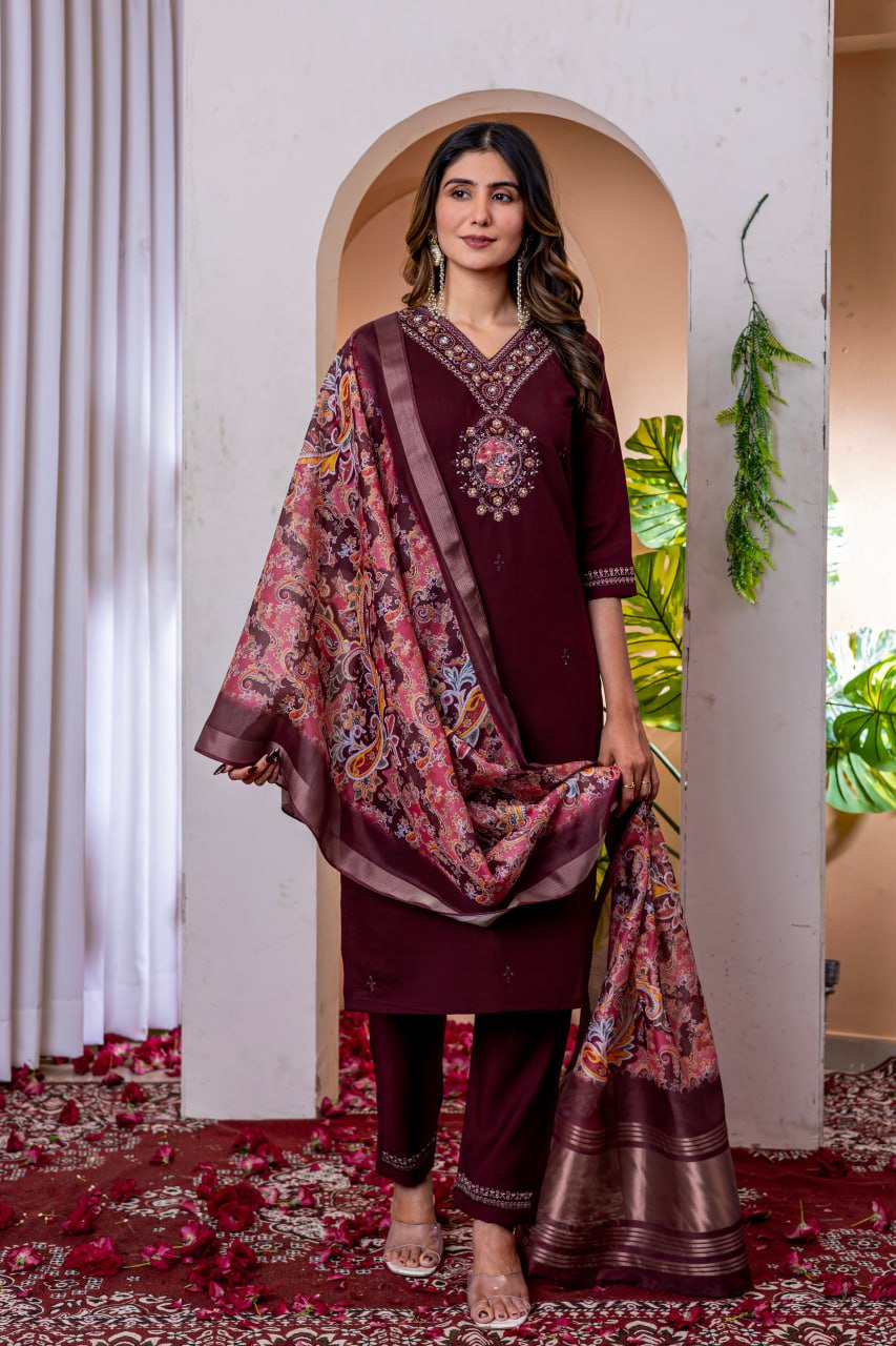 Wine Color Embroidery Thread Work Designer Salwar Suit