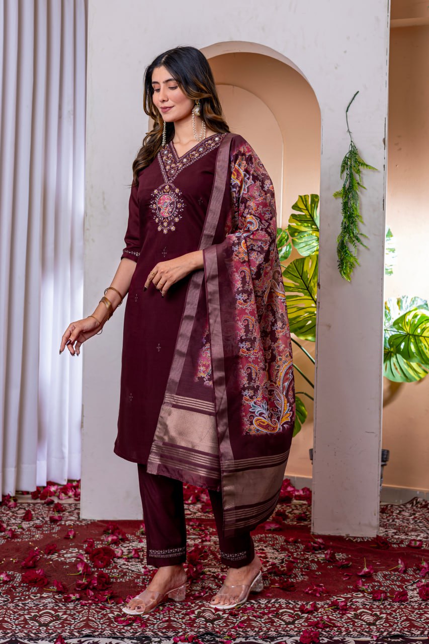 Wine Color Embroidery Thread Work Designer Salwar Suit