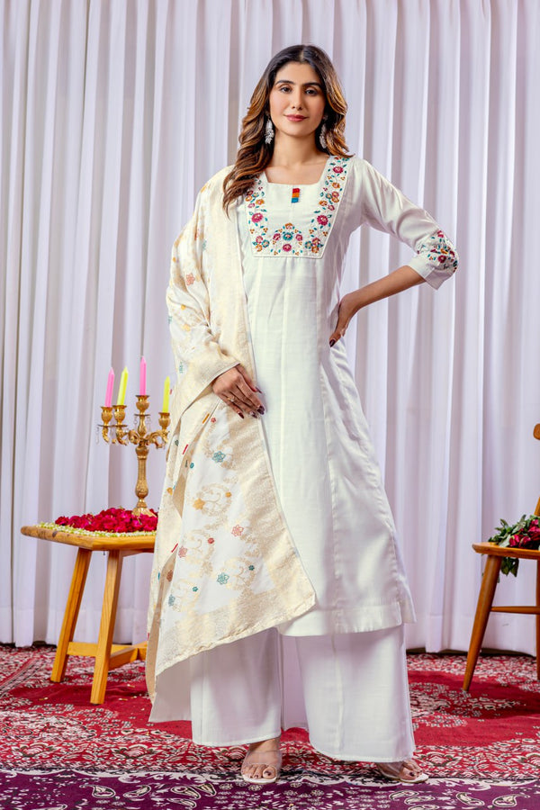 White Color Embroidery Thread Work Designer Palazzo Suit