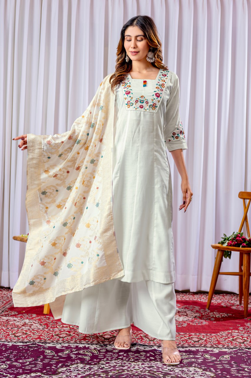 White Color Embroidery Thread Work Designer Palazzo Suit