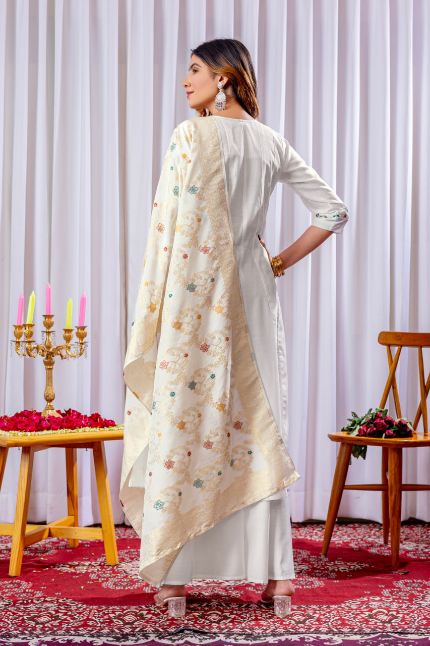 White Color Embroidery Thread Work Designer Palazzo Suit