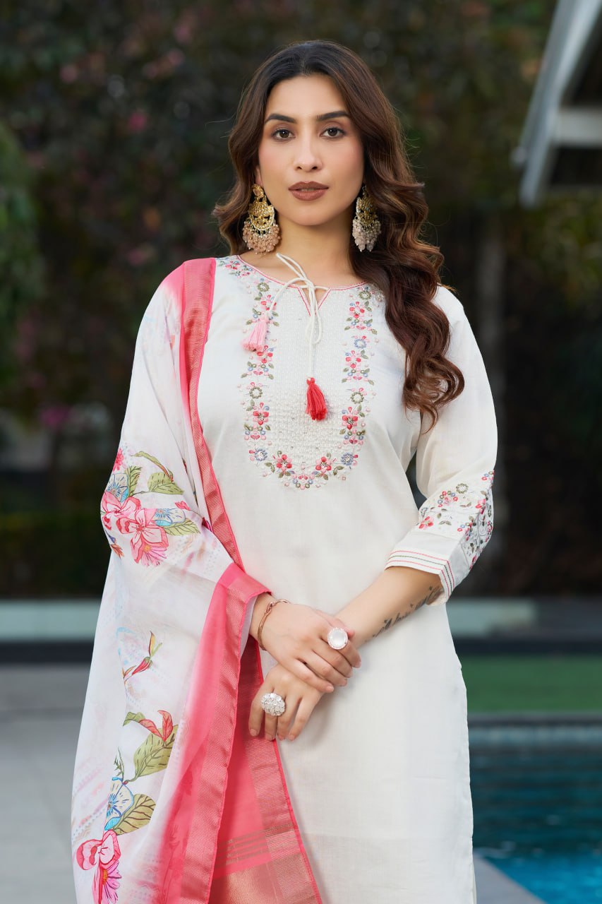 White Color Embroidery Thread Work Designer Salwar Suit