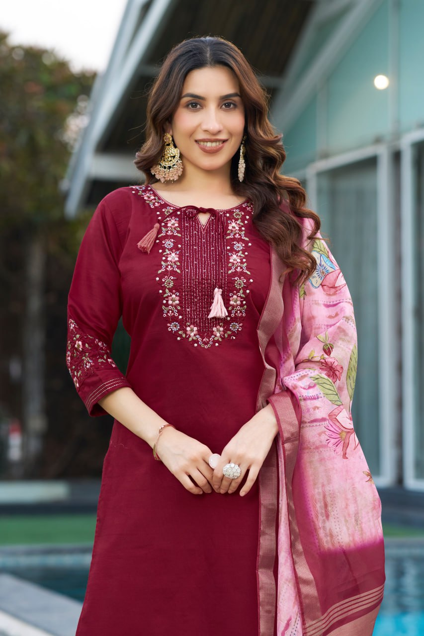 Maroon Color Embroidery Thread Work Designer Salwar Suit