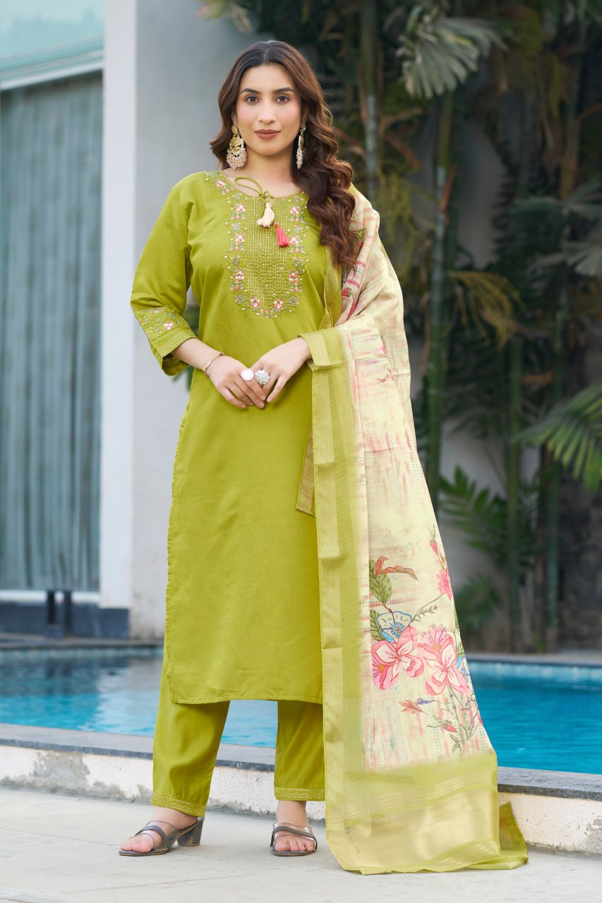 Parrot Color Embroidery Thread Work Designer Salwar Suit