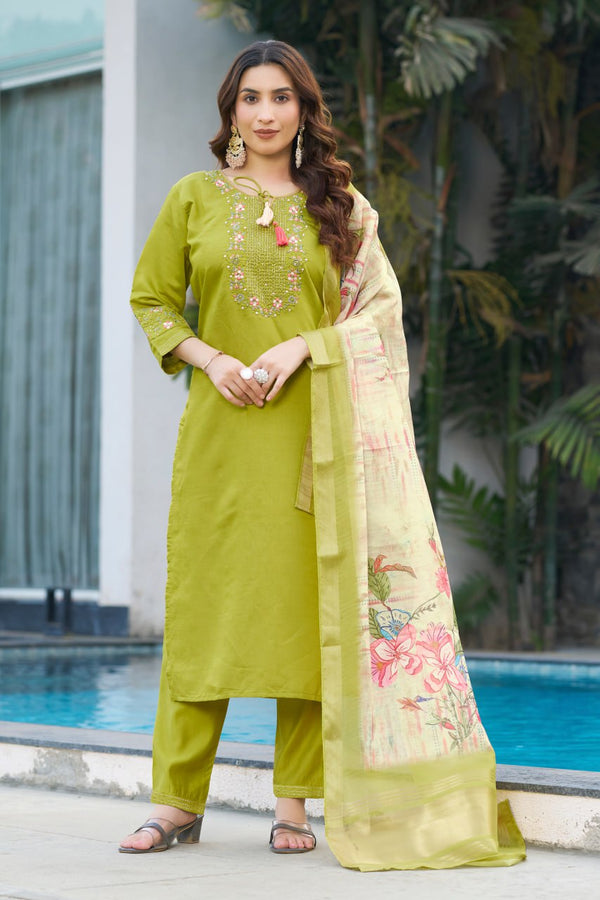 Parrot Color Embroidery Thread Work Designer Salwar Suit