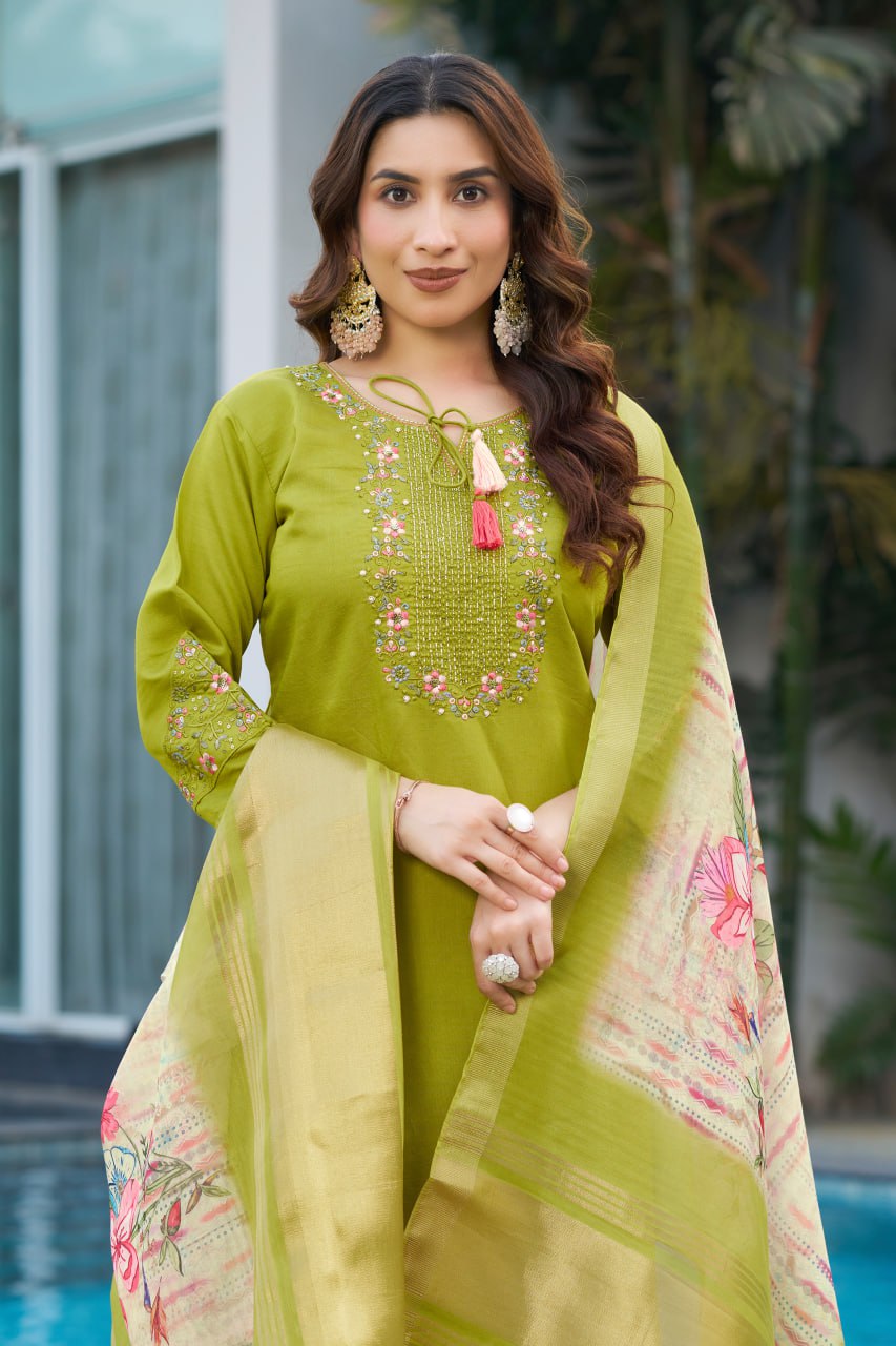 Parrot Color Embroidery Thread Work Designer Salwar Suit
