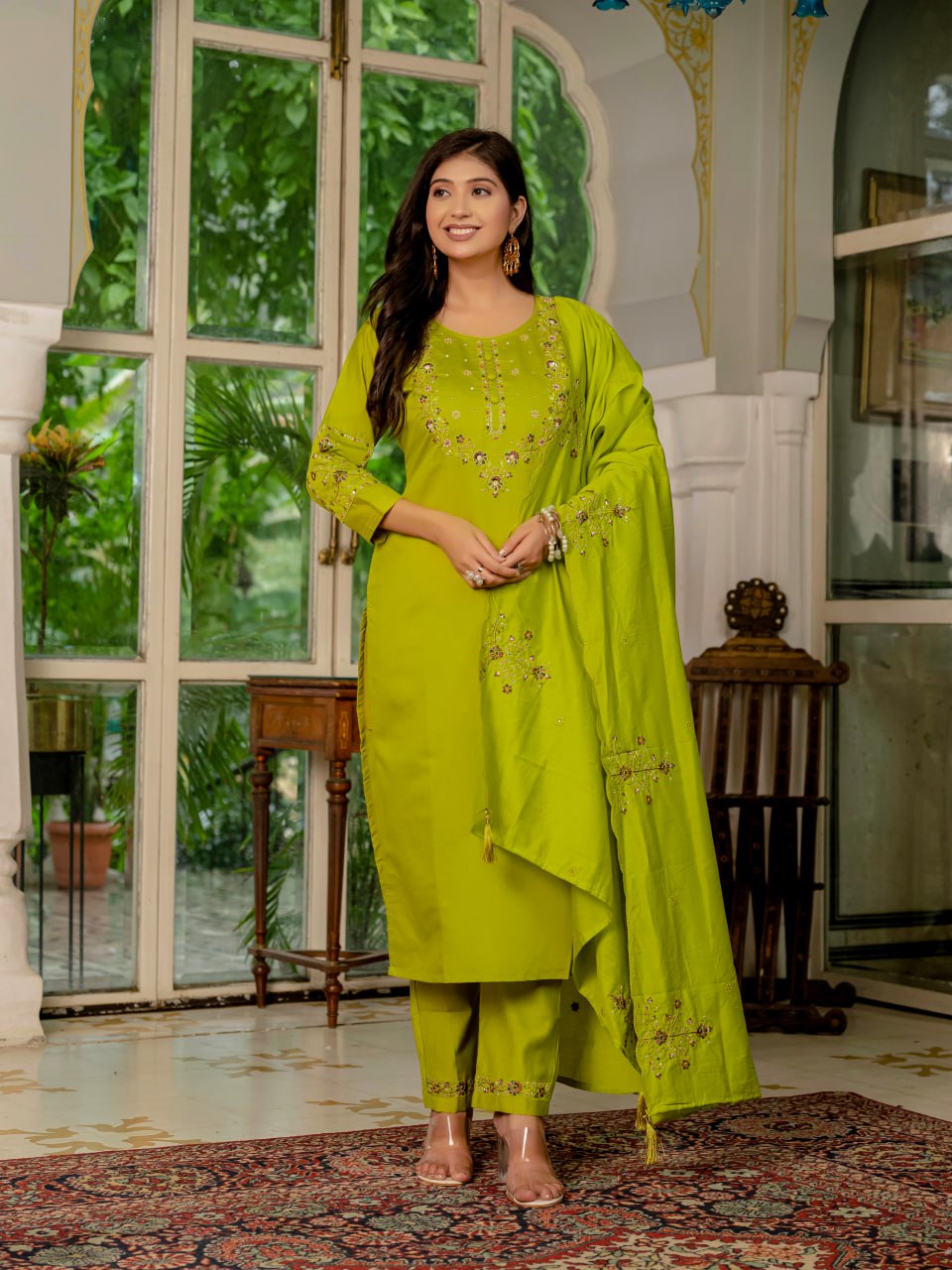 Parrot Color Embroidery Thread Work Designer Party Wear Salwar Suit