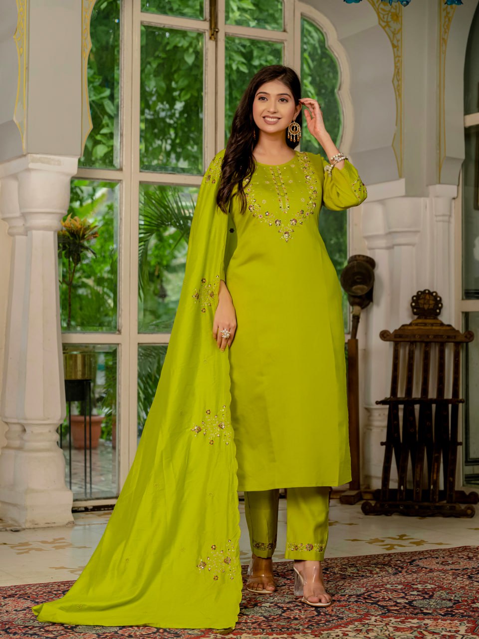 Parrot Color Embroidery Thread Work Designer Party Wear Salwar Suit