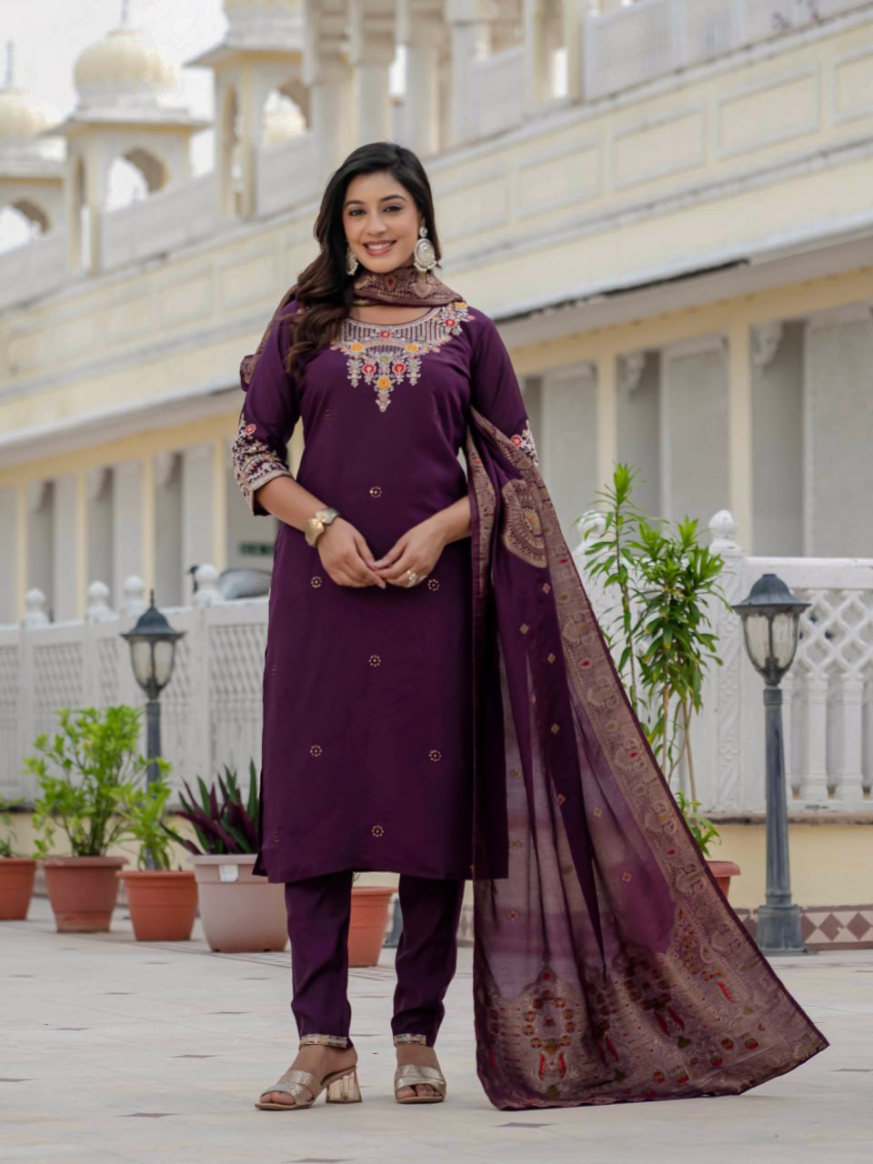 Wine Color Coding Embroidery Work Designer Party Wear Salwar Suit