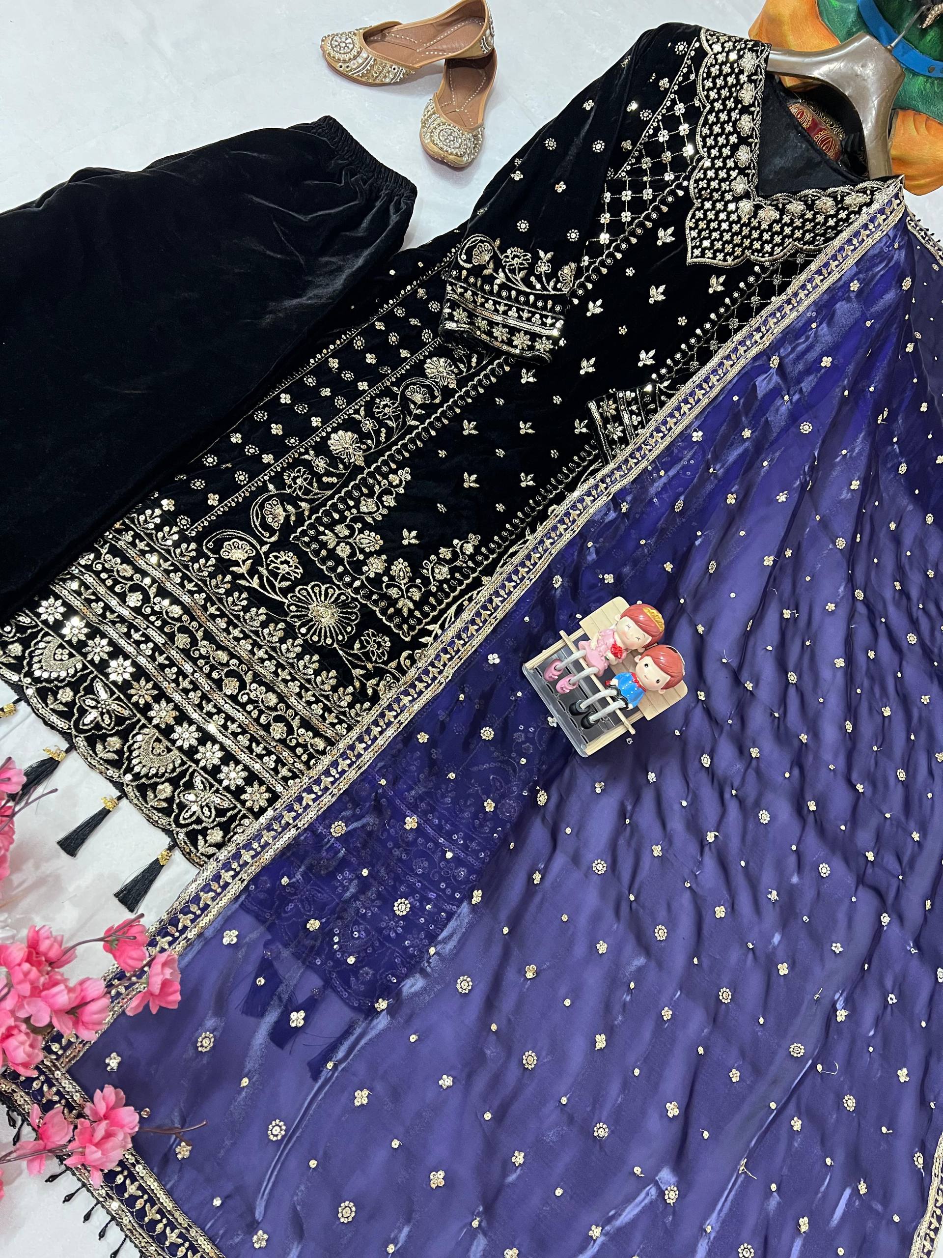 Navy Blue Color Coding Embroidery Work Designer Party Wear Palazzo Suit