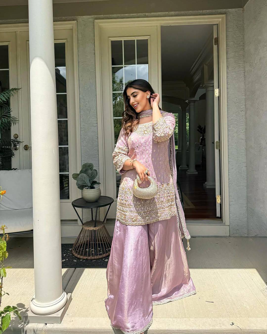 Lavender Color Coding Embroidery Work Designer Party Wear Palazzo Suit