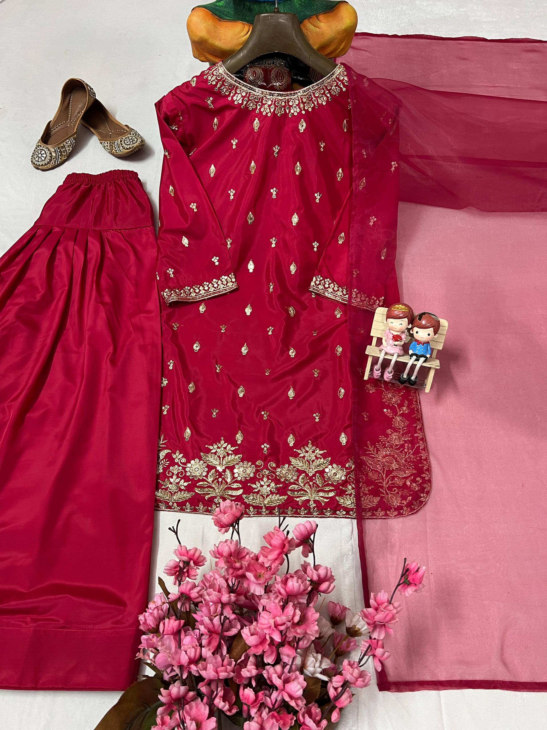 Red Color Embroidery Work Designer Party Wear Palazzo Suit