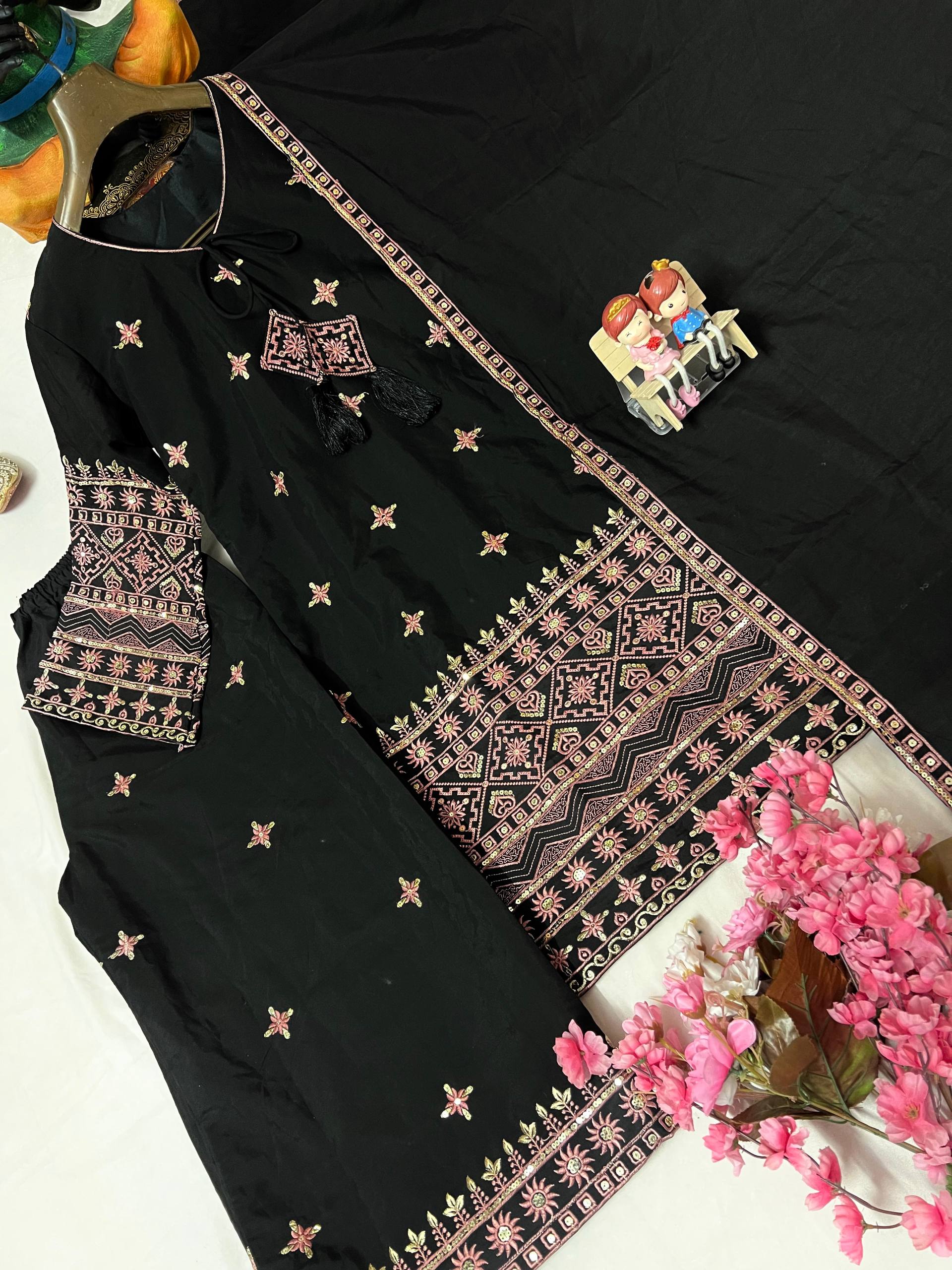 Black Color Sequence Embroidery Work Designer Party Wear Palazzo Suit