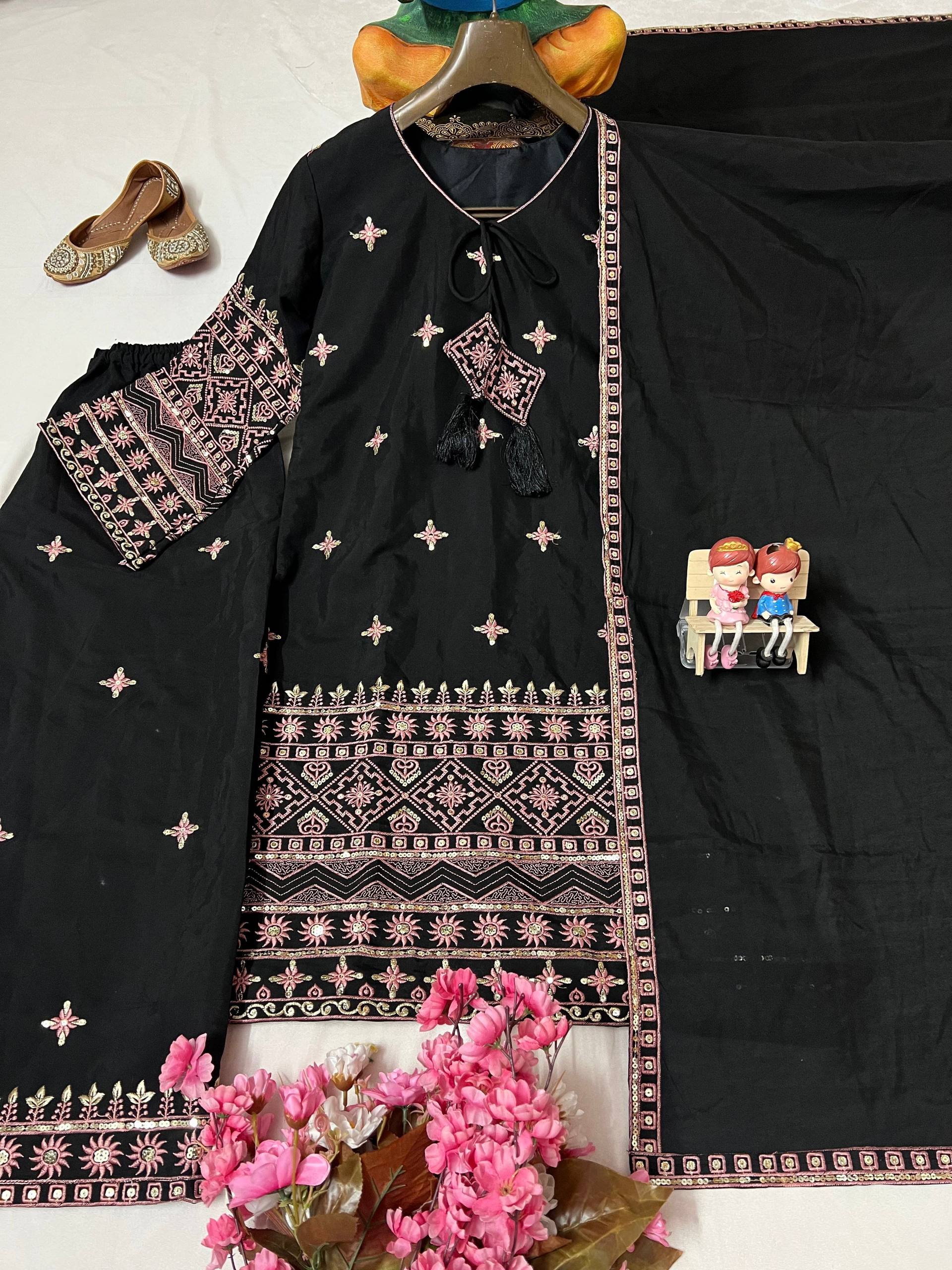 Black Color Sequence Embroidery Work Designer Party Wear Palazzo Suit