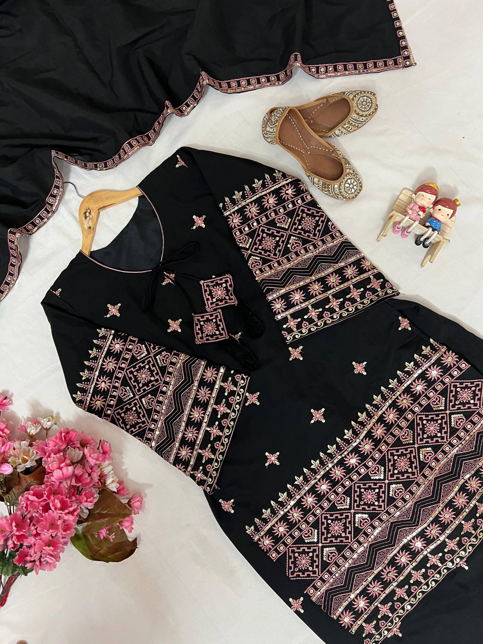 Black Color Sequence Embroidery Work Designer Party Wear Palazzo Suit
