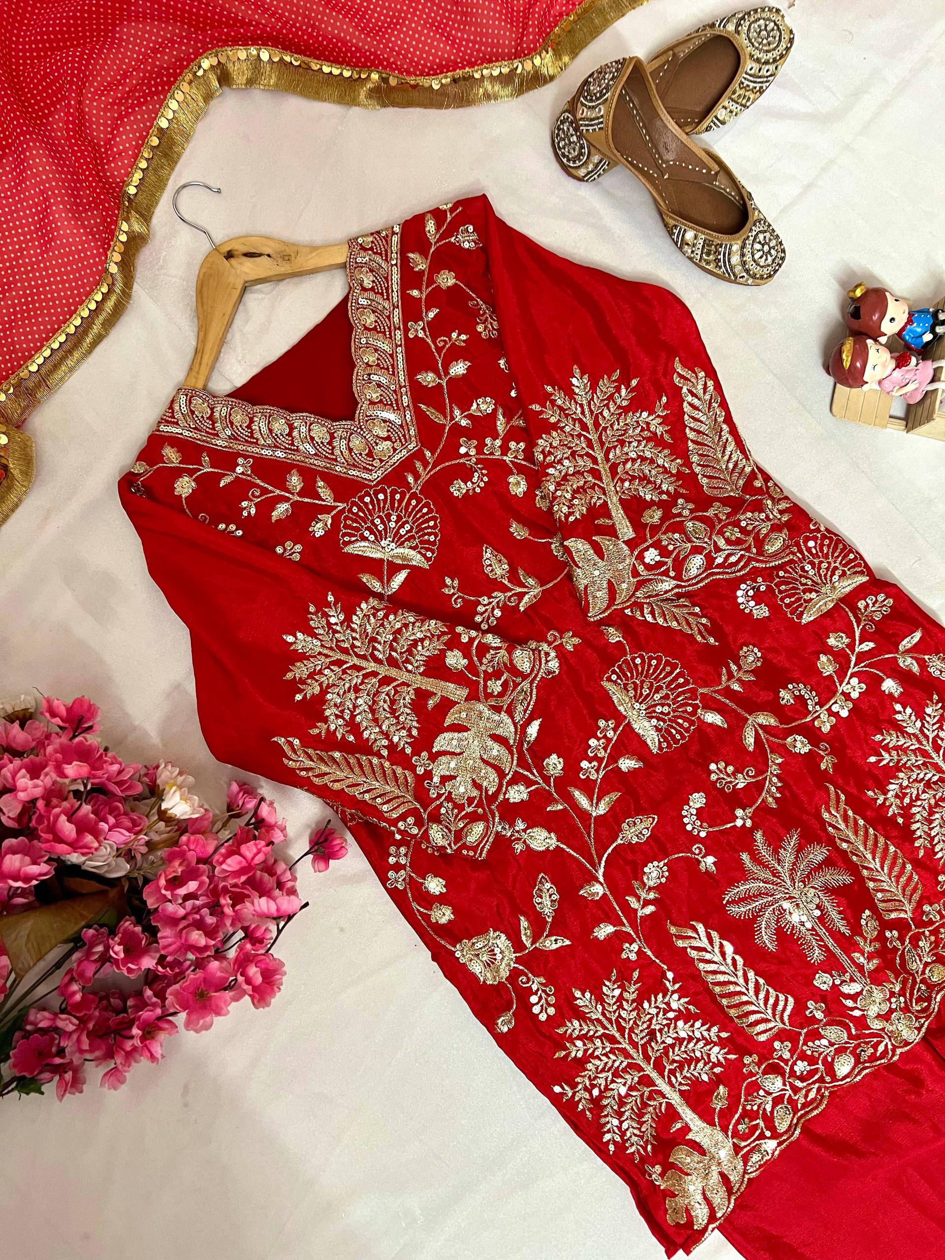 Red Color Sequence Embroidery Work Designer Party Wear Salwar Suit