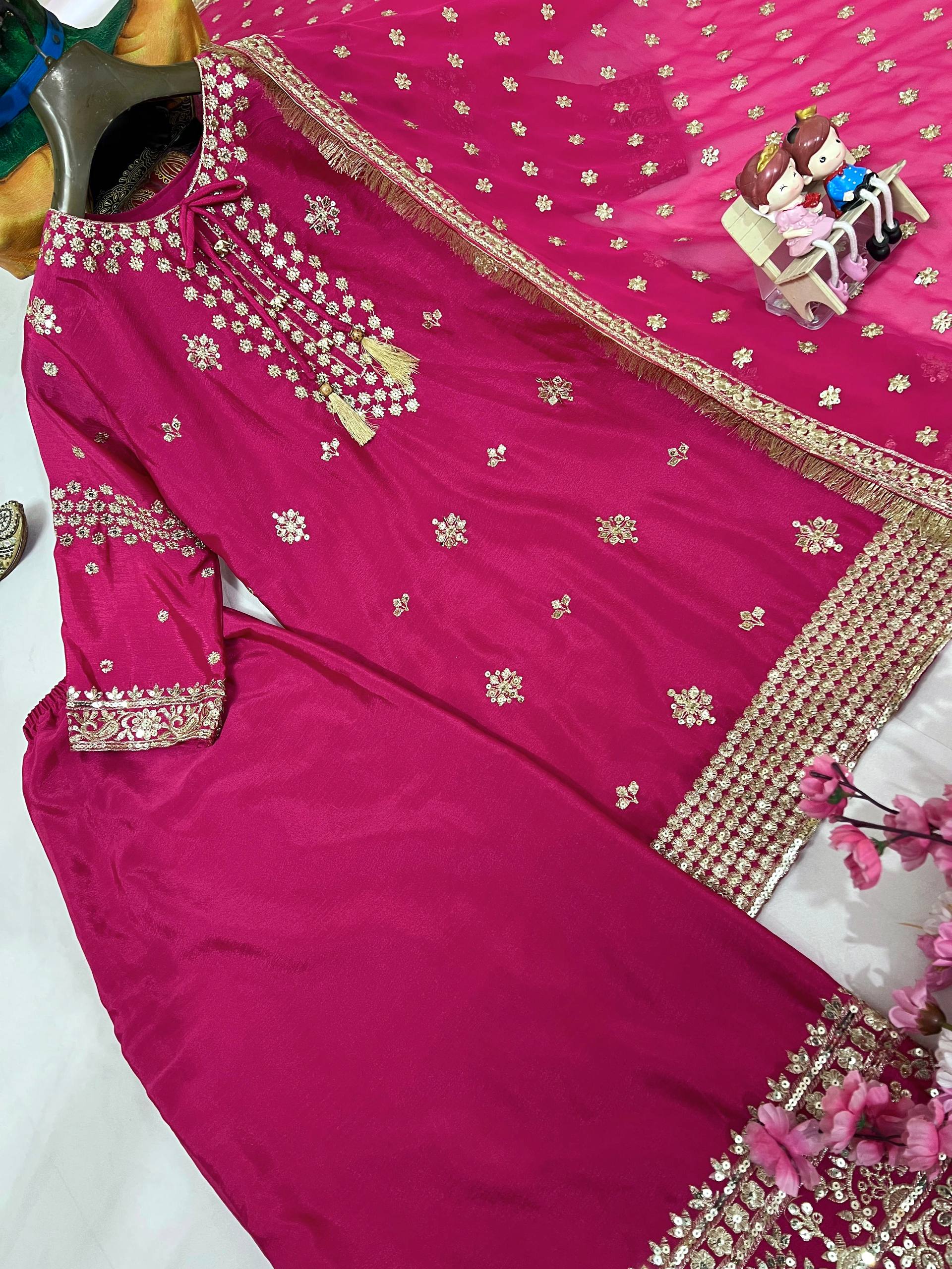 Pink Color Sequence Embroidery Work Designer Palazzo Suit