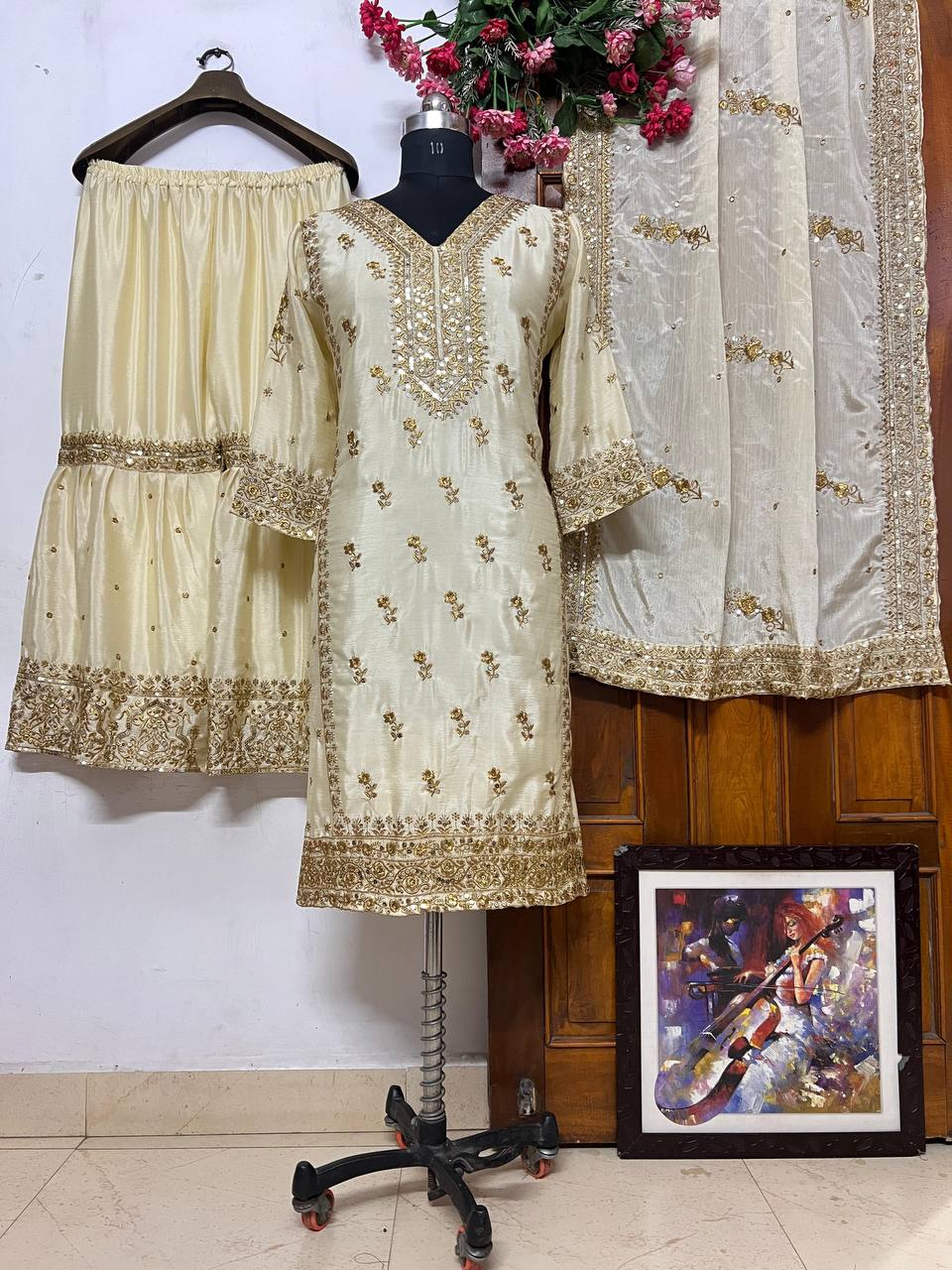 Cream Color Heavy Sequence Embroidery Work Designer Party Wear Palazzo Suit