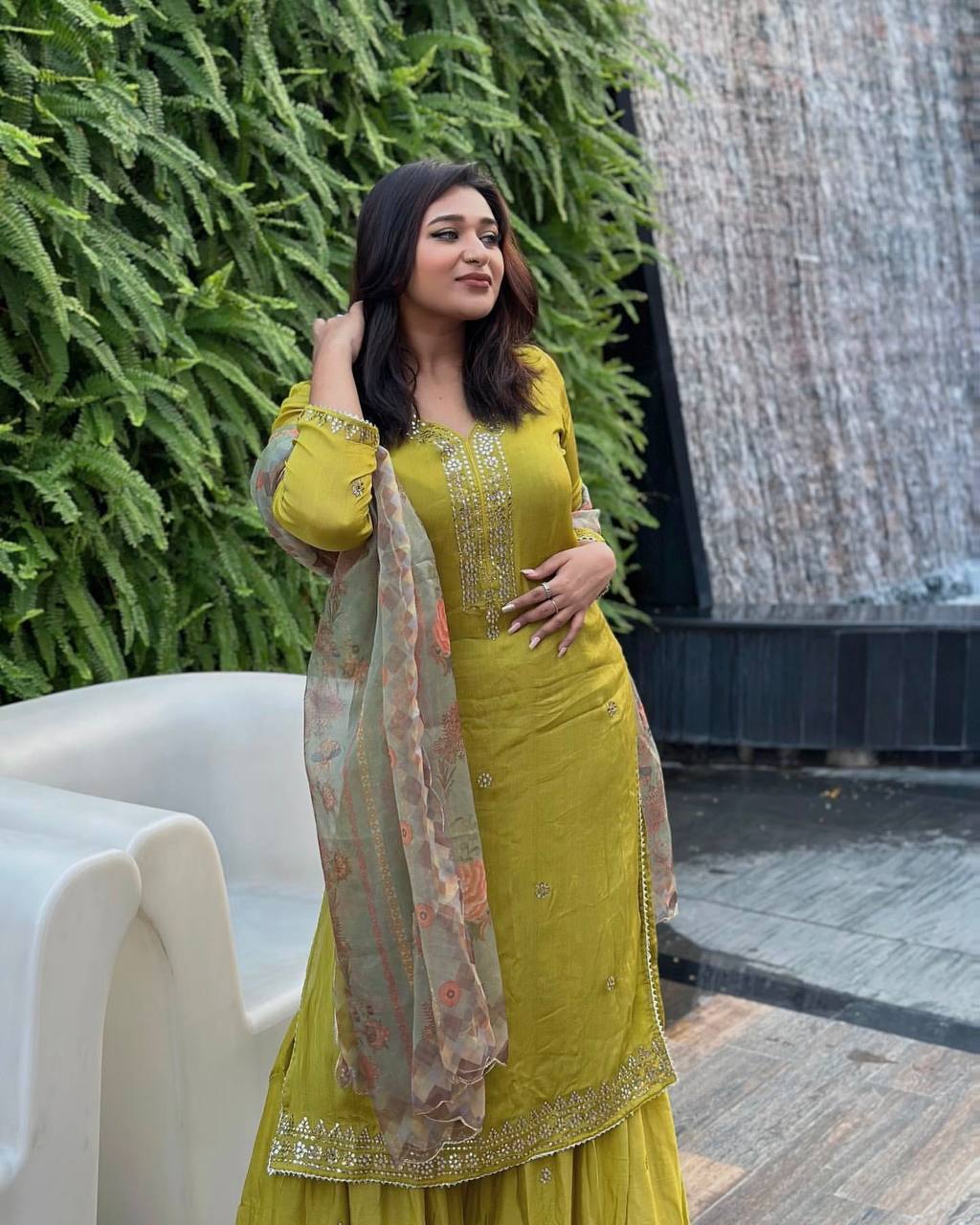 Parrot Green Color Sequence Embroidery Work Designer Sharara Suit