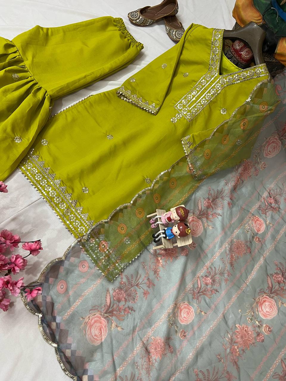 Parrot Green Color Sequence Embroidery Work Designer Sharara Suit