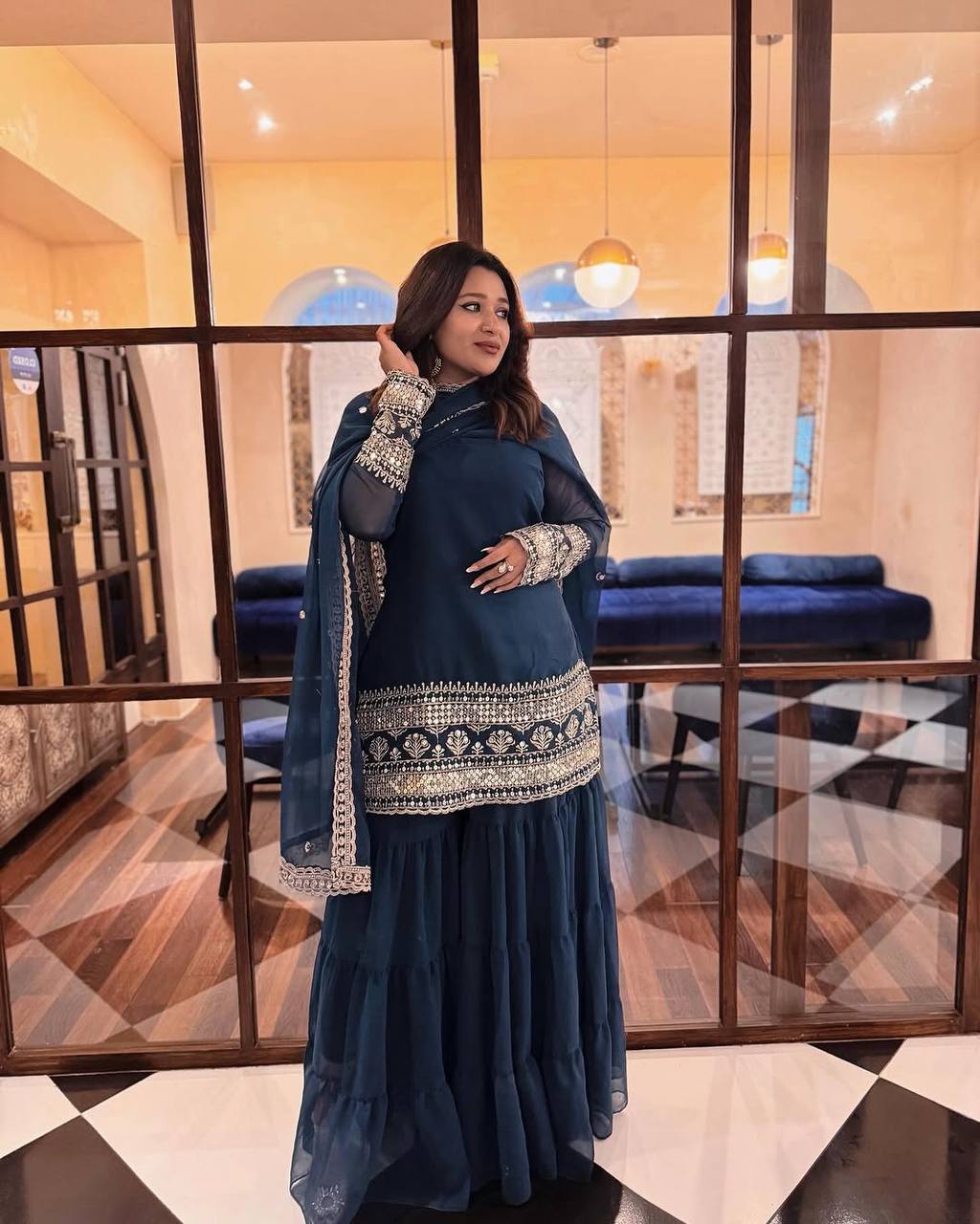 Navy Blue Color Sequence Embroidery Work Designer Party Wear Palazzo Suit